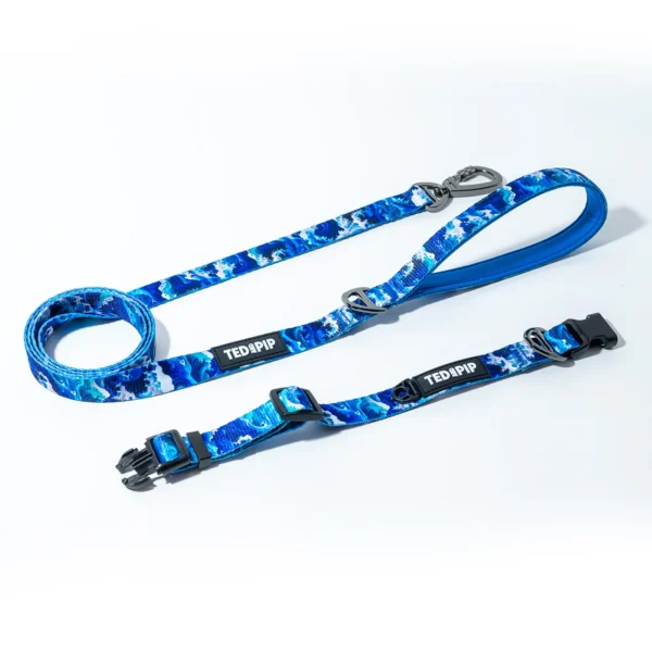 Ocean Waves matching dog collar and lead set in blue waves pattern print