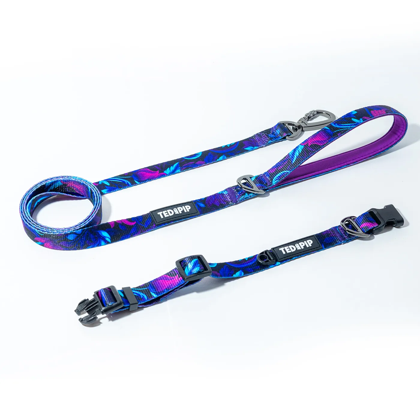 Midnight Floral matching dog collar and lead set in purple floral print