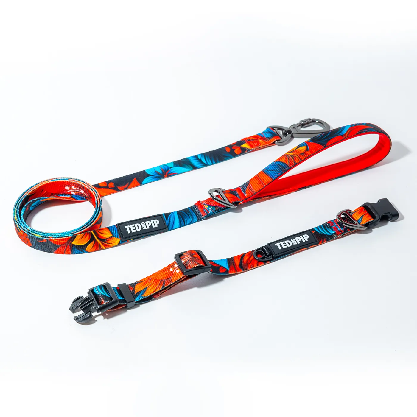 Tropical Bloom matching dog collar and lead set in red floral print